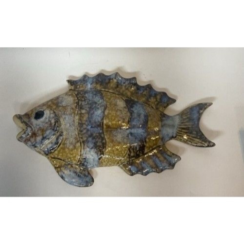 VTG Ceramic Blue/Brown Glazed Fish Art Pottery Stoneware Hanging Plaque14"x8"